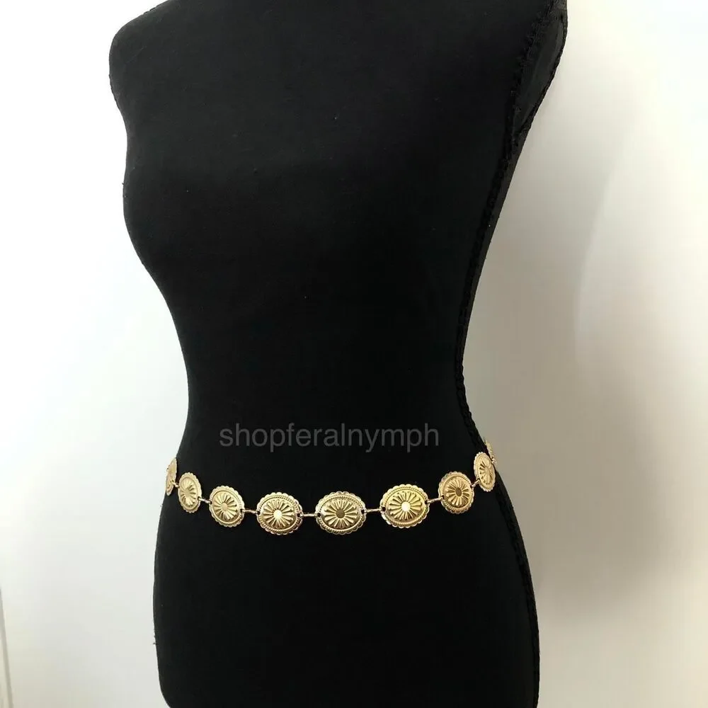 Vintage Y2K Boho Gold Medallion Chain Belt, Fits 23.5–43 Inches, X7GA1187